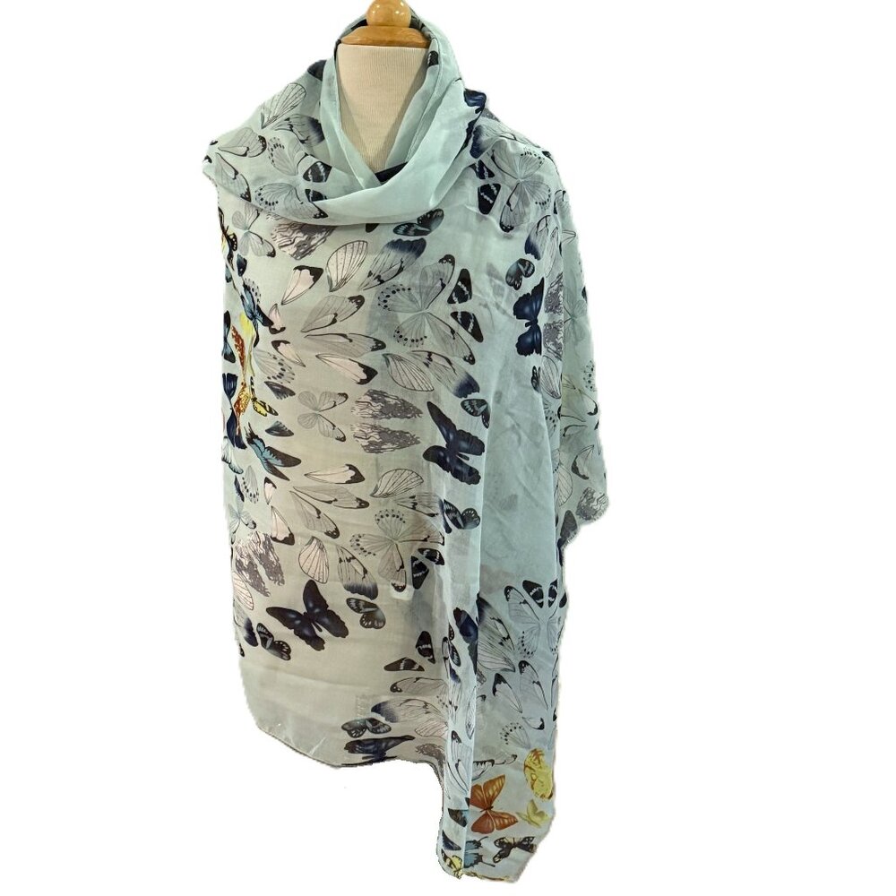 Two's Company Butterfly Print Rectangle Scarf Raw Hem Blue Green 70" Vintage